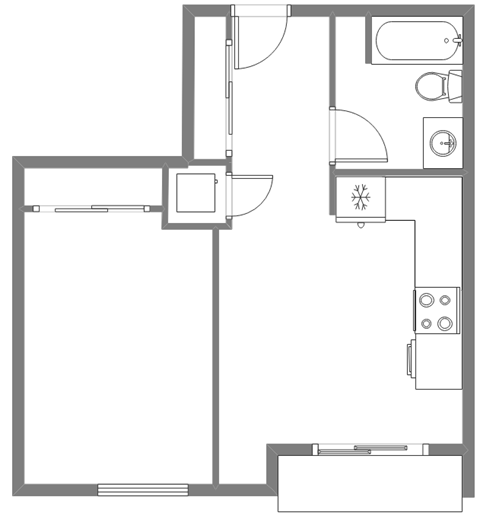 Floor plan for 1 bed, 1 bath, 624 sqft